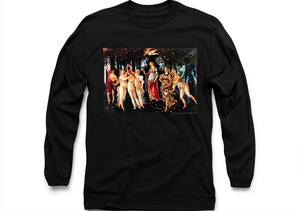 Person wearing Botticelli Primavera t-shirt in museum setting