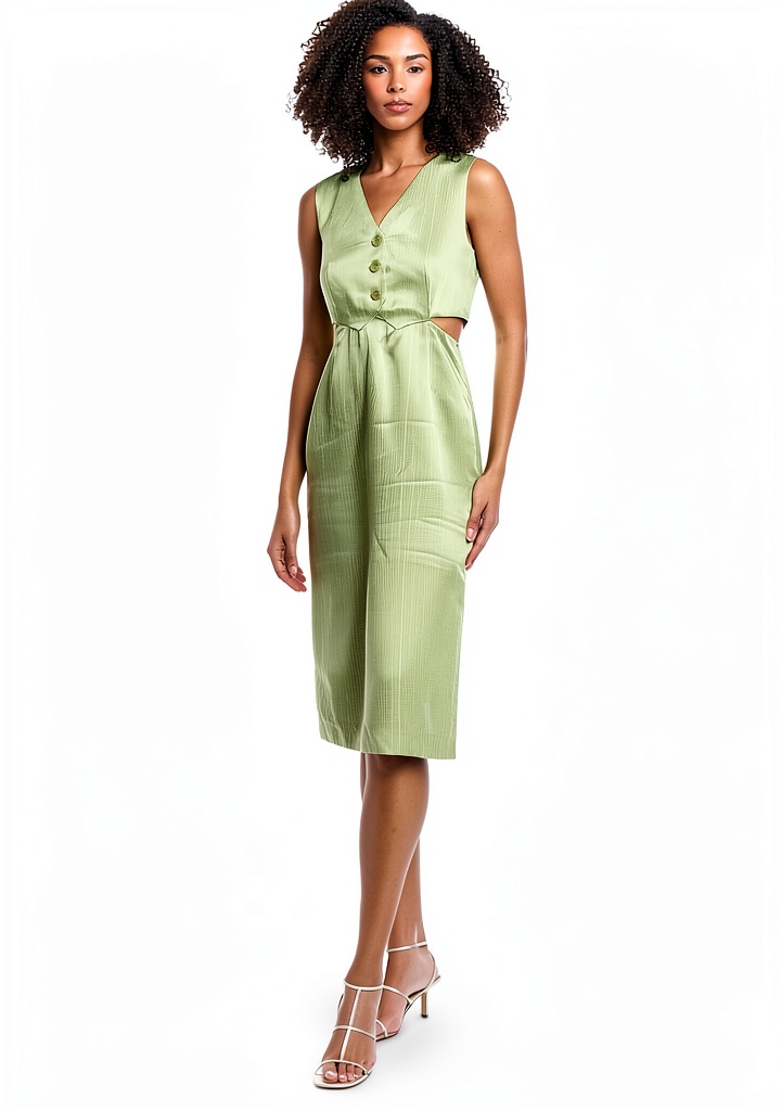 Woven Linen Dress in vert olive with V-neck and side cutouts