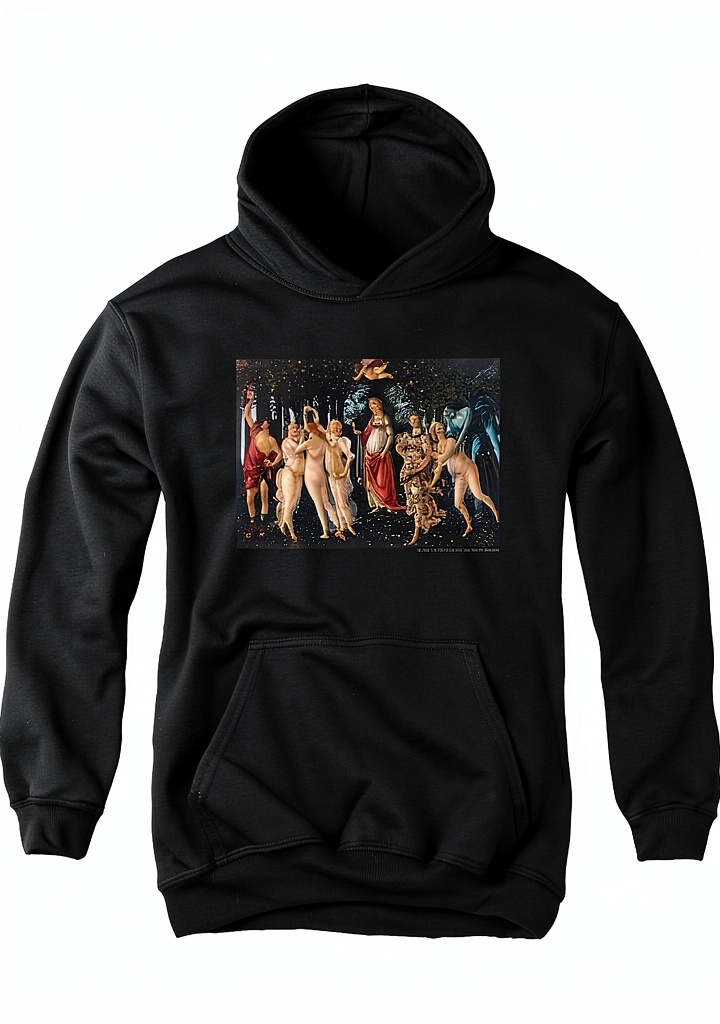 Popfunk Youth Hoodie Sandro Botticelli Primavera design being worn by a child on a playground