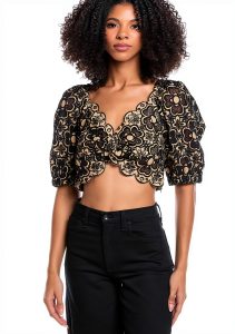 Embroidered Tank Top Beige Noir V Neck Scallop Trim by Parisian-0