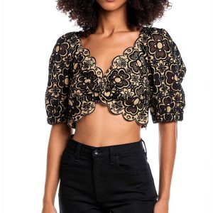 Embroidered Tank Top Beige Noir V Neck Scallop Trim by Parisian-0
